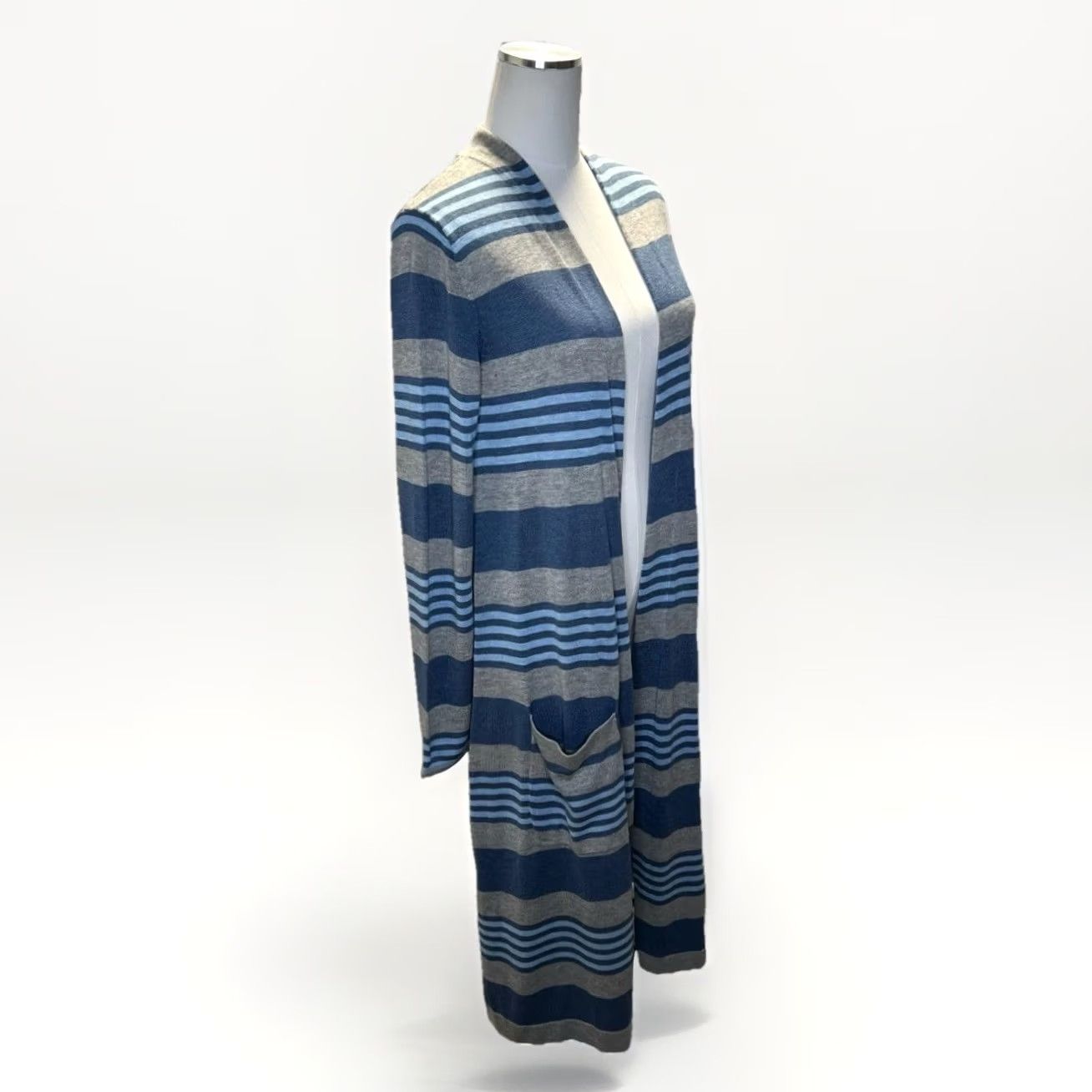Vintage Laurie Felt Cardigan Womens M Blue Gray Striped Long Lightweight Pockets Size M / US 6-8 / IT 42-44 - 2 Thumbnail
