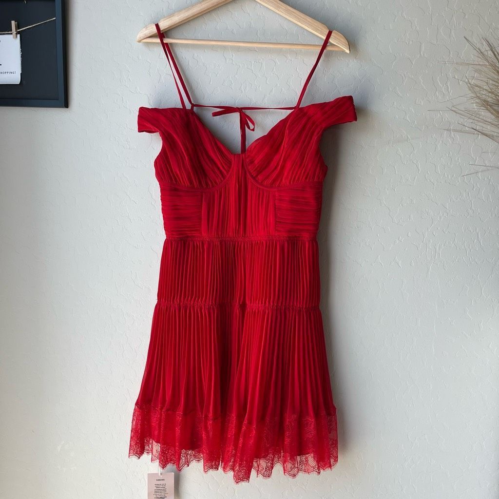 Self-Portrait NWT Self Portrait Dress Pleated Off Shoulder Lace Red Mini D Size S / US 4 / IT 40 - 3 Thumbnail