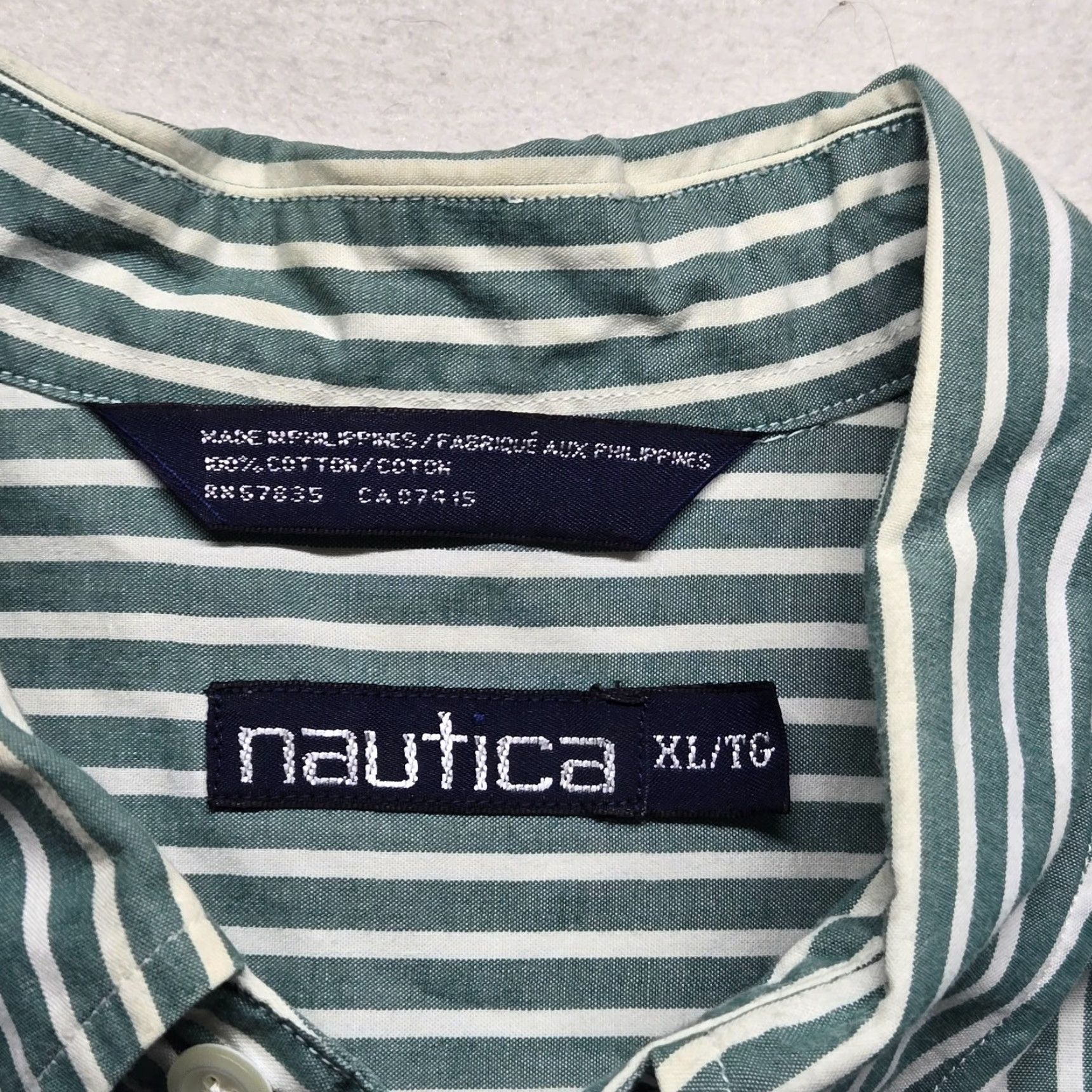 Nautica Nautica Shirt Men XL 100% Cotton Green White Stripes Button-Up, Collared, Short Sleeve, Regular Fit, Casual Business, Button-Front, Pockets Size US XL / EU 56 / 4 - 3 Thumbnail