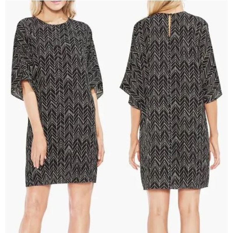 Vince Camuto Vince Camuto B & W Herringbone Geo 1/2 Sleeve Shift Dress-XS Size XS / US 0-2 / IT 36-38 - 1 Thumbnail