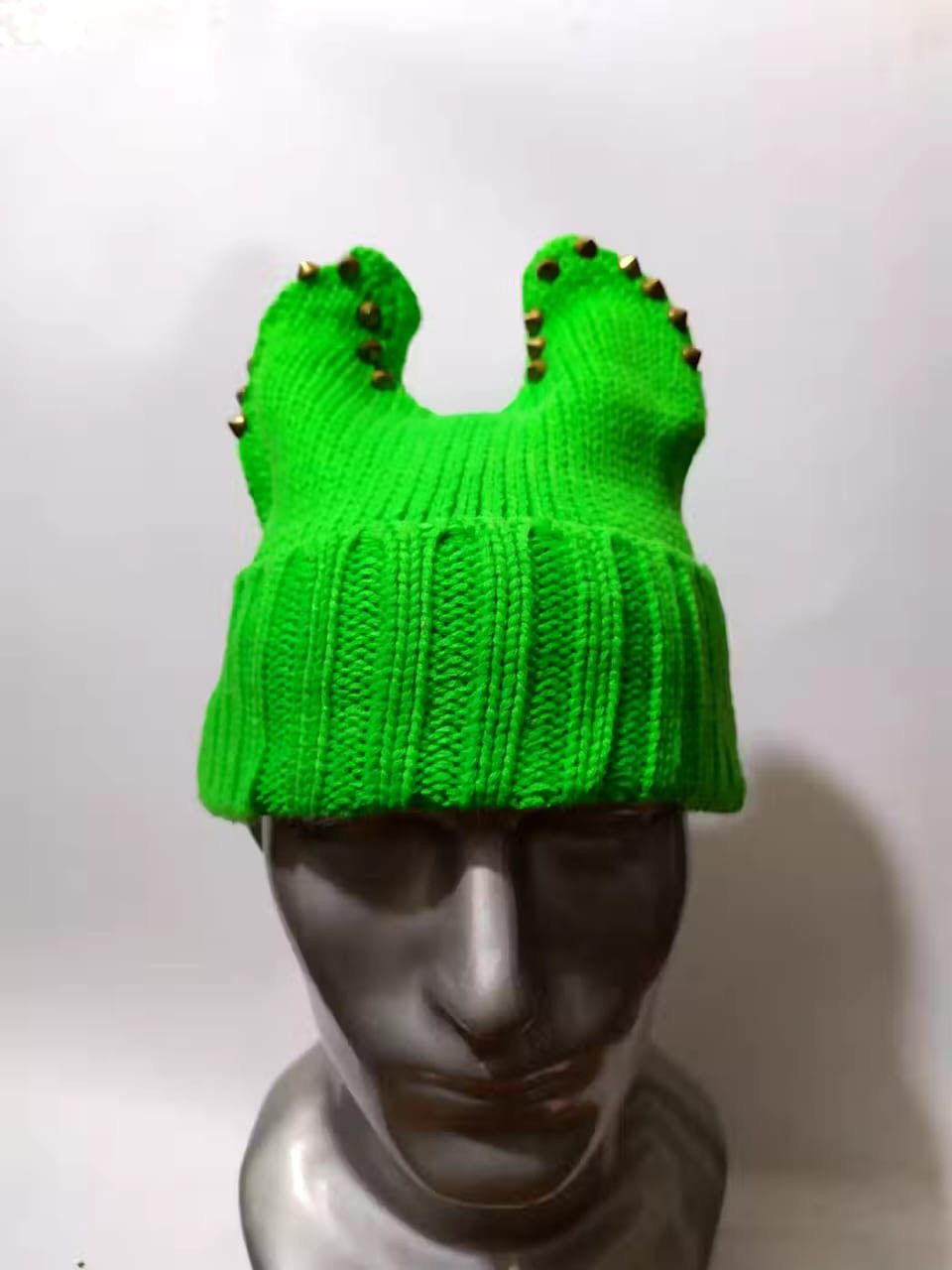 image of Ak Bunny Horn Devil Spike Studded Beanie Hats in Green, Men's
