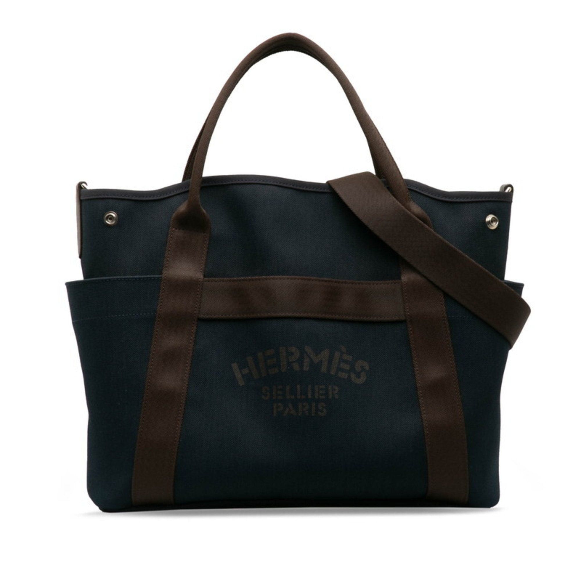 image of Hermes Sacked Panjage Groom Tote Bag Shoulder Navy Brown Canvas Leather Women's