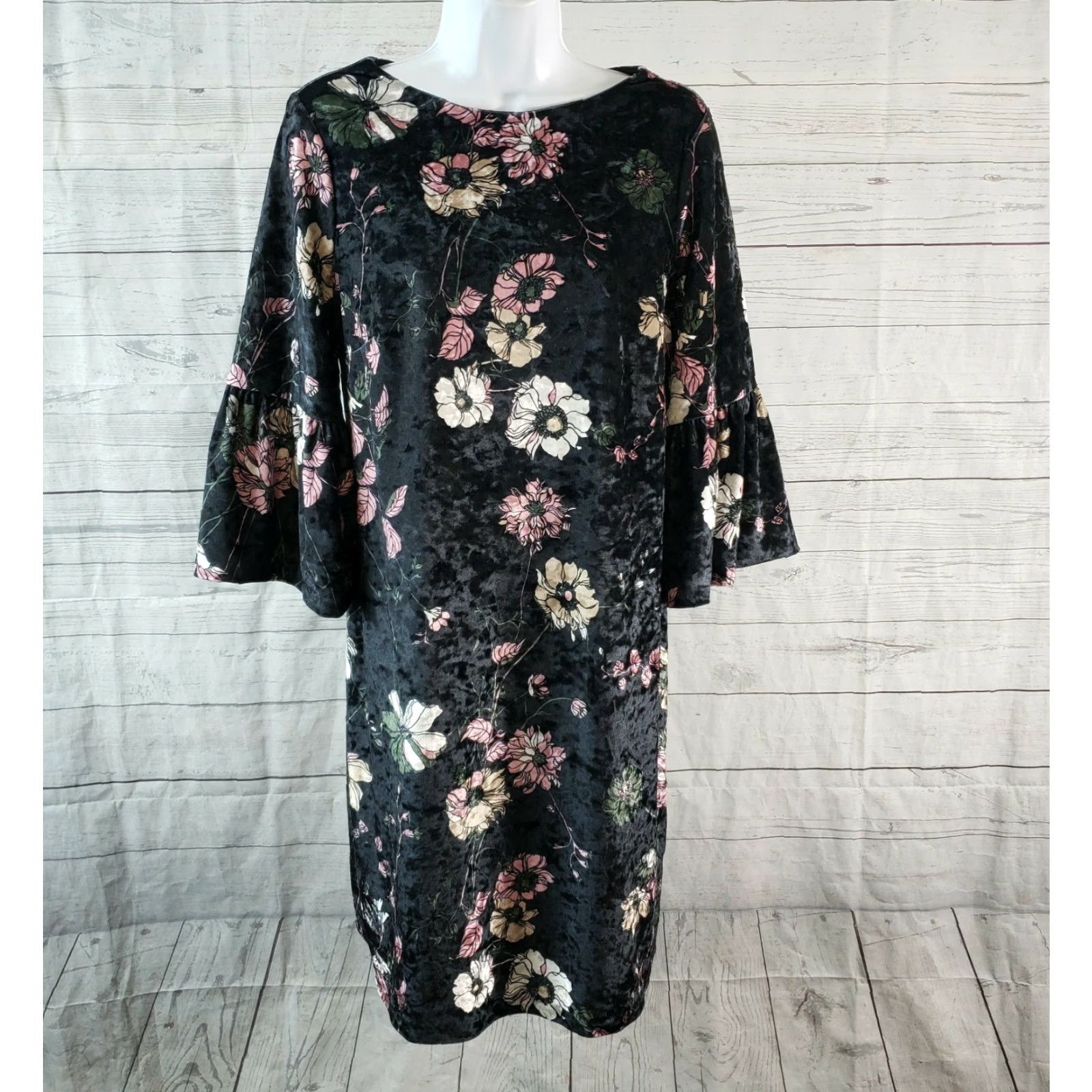 Vintage Chicos Womens Velvet Dress Sz Small Black Pink Floral 3/4 Bell Sleeves Size S / US 4 / IT 40 - 2 Thumbnail