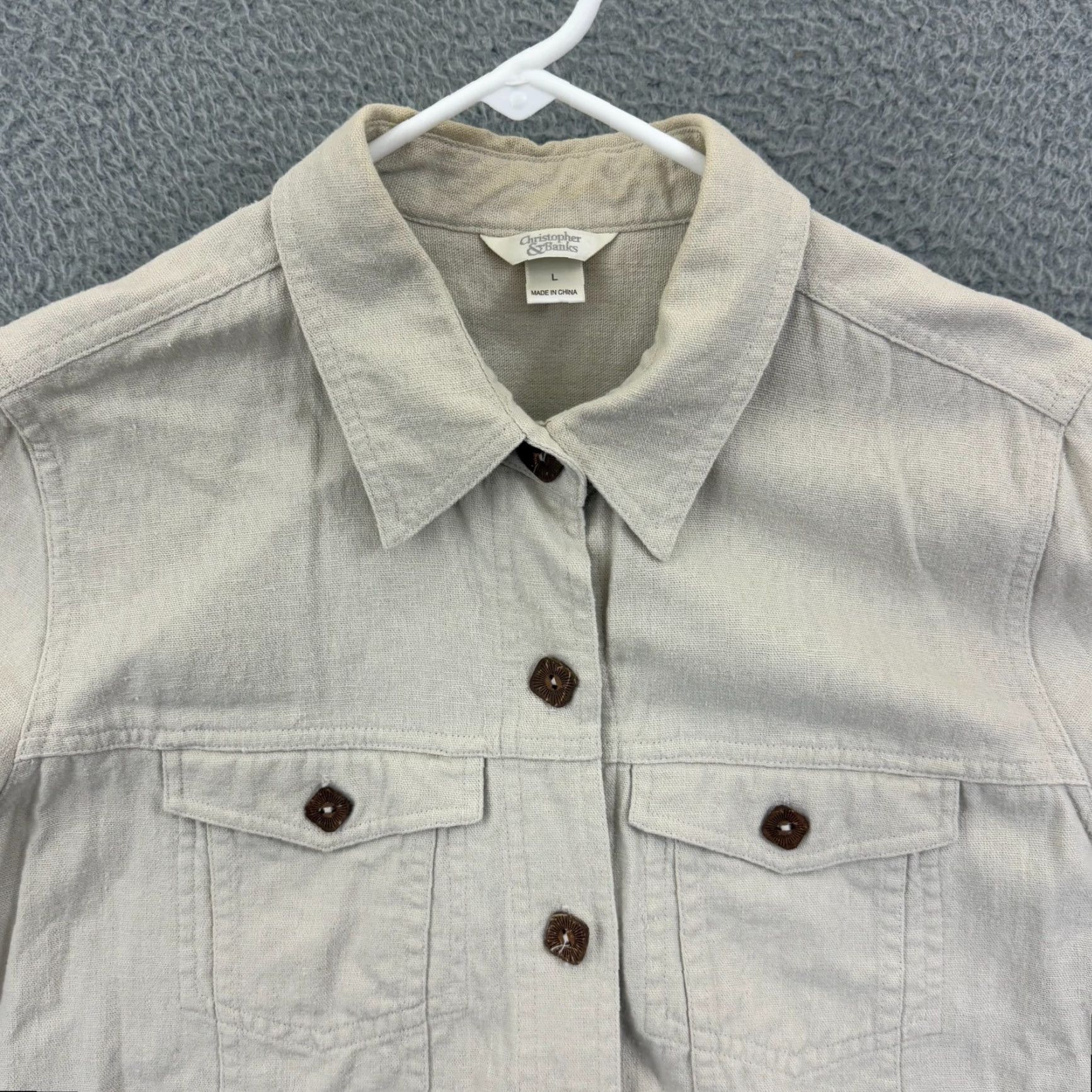 Vintage Christopher & Banks Shirt Womens Large Beige Linen Button Up Pockets Boho Loose Size L / US 10 / IT 46 - 3 Thumbnail