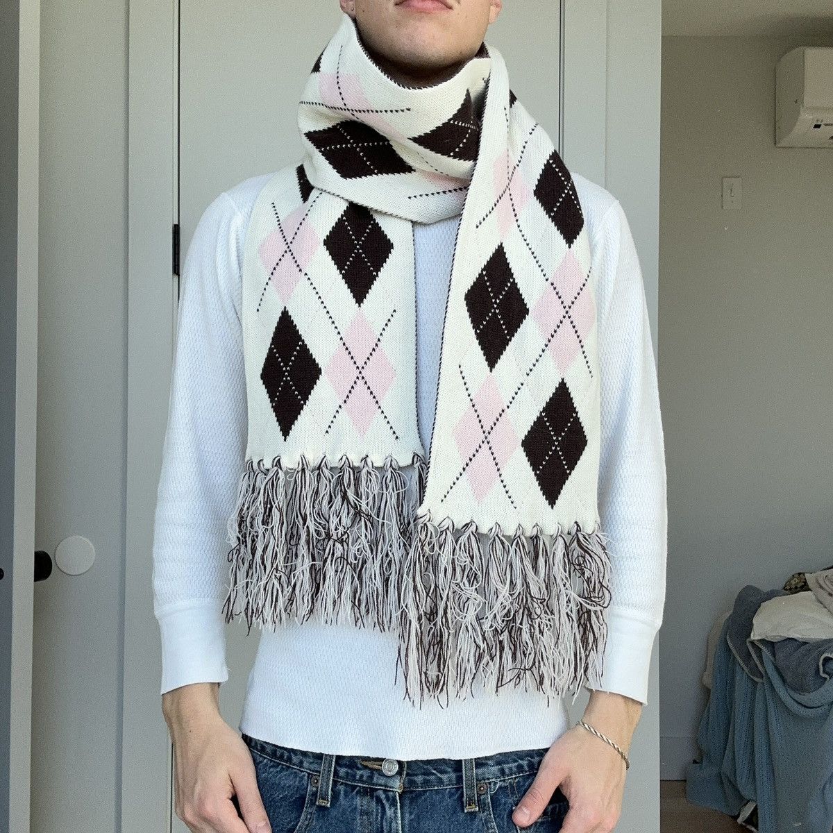 Faded Glory × Vintage 00s Pink Cream Brown Argyle Thick Chunky Scarf Headwrap Size ONE SIZE - 1 Thumbnail