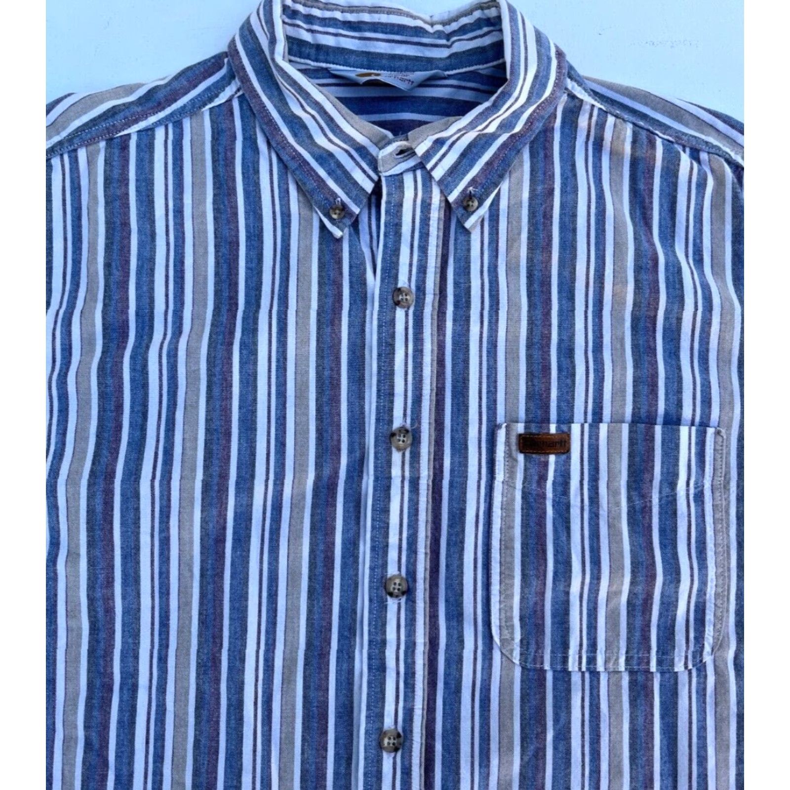 Carhartt VINTAGE Carhartt Short Sleeve Button-Down Shirt Striped XL Blue Mens Shirt Size US XL / EU 56 / 4 - 3 Thumbnail