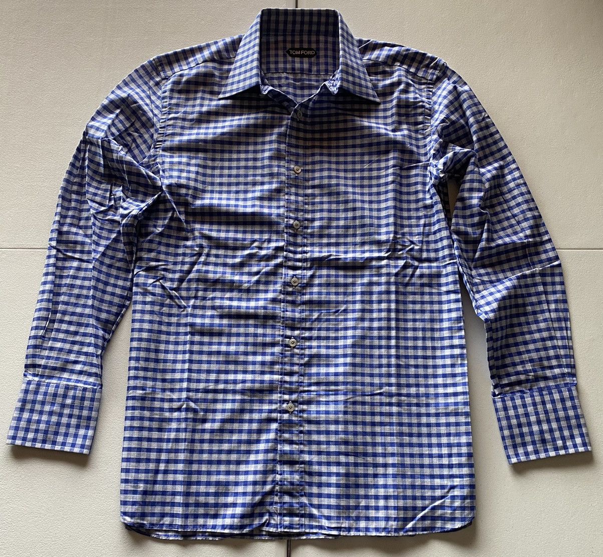 Tom Ford blue/grey gingham check shirt 17 43e NWOT