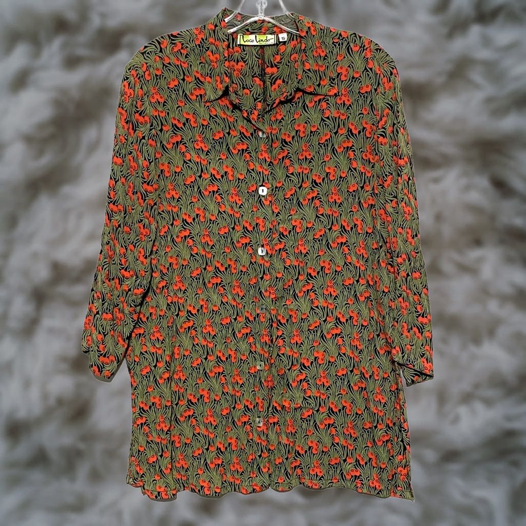 Nique VTG Loco Lindo Cherry Rayon Tunic Button-Up Women S 3/4 Sleeve Geometric Boho 90s Size S / US 4 / IT 40 - 1 Thumbnail