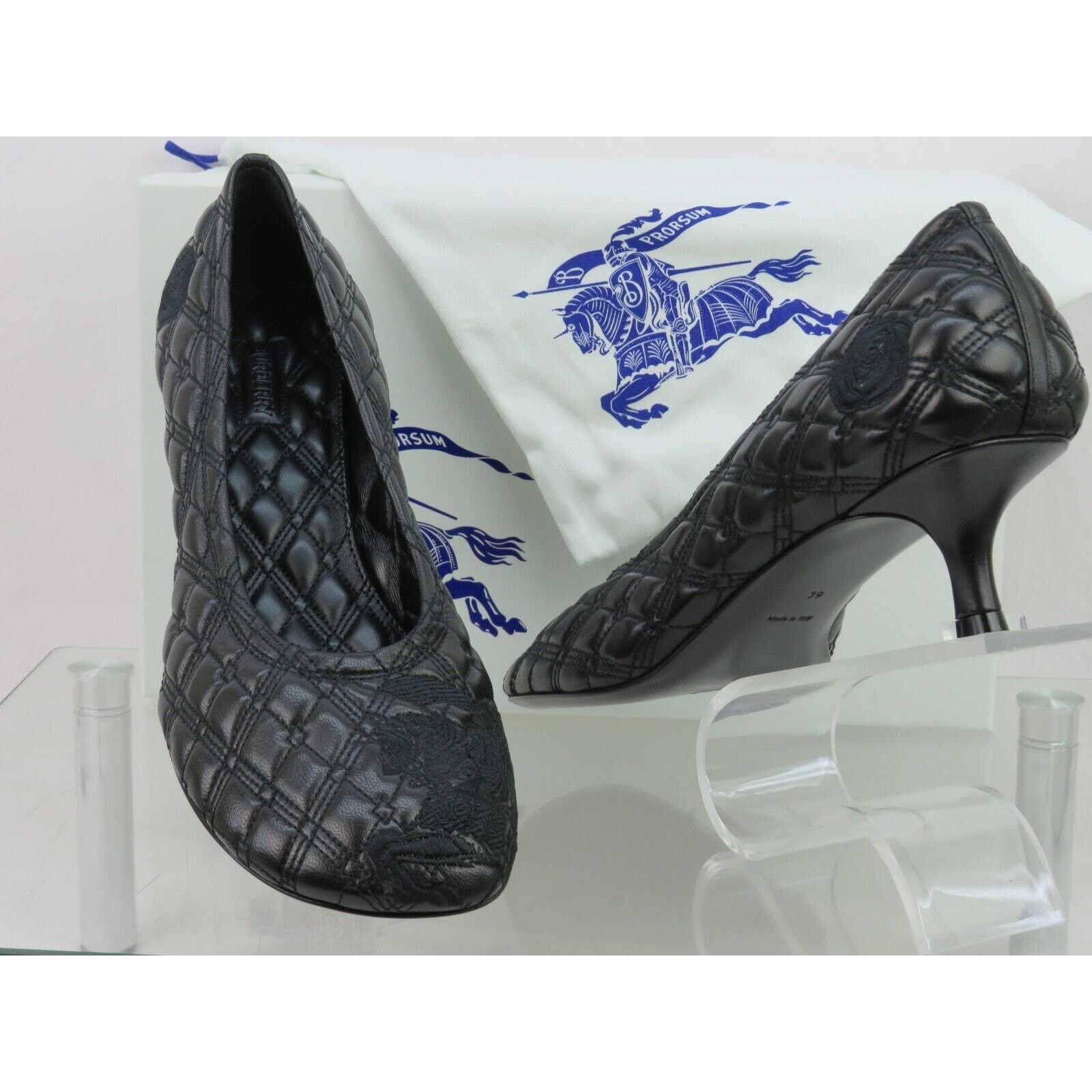 Burberry BURBERRY BABY BLACK QUILTED LEATHER LOGO KITTEN PUMPS 38 8 Size US 8 / IT 38 - 3 Thumbnail