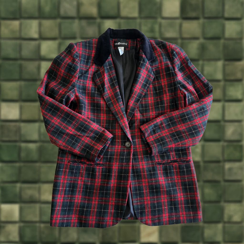 Vintage VINTAGE Sag Harbor Blazer Wool Plaid Red Black Velvet Collar 1990s Women Mens? Size L / US 10 / IT 46 - 1 Thumbnail