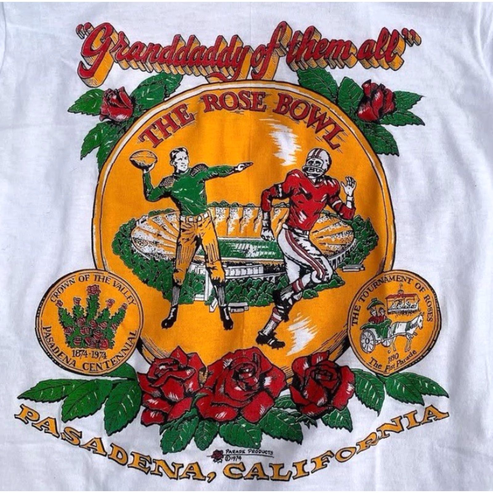 Hanes VINTAGE 70s graphic t shirt 1974 rose bowl cotton NEW DEADSTOCK Hanes M White Size US M / EU 48-50 / 2 - 6 Thumbnail