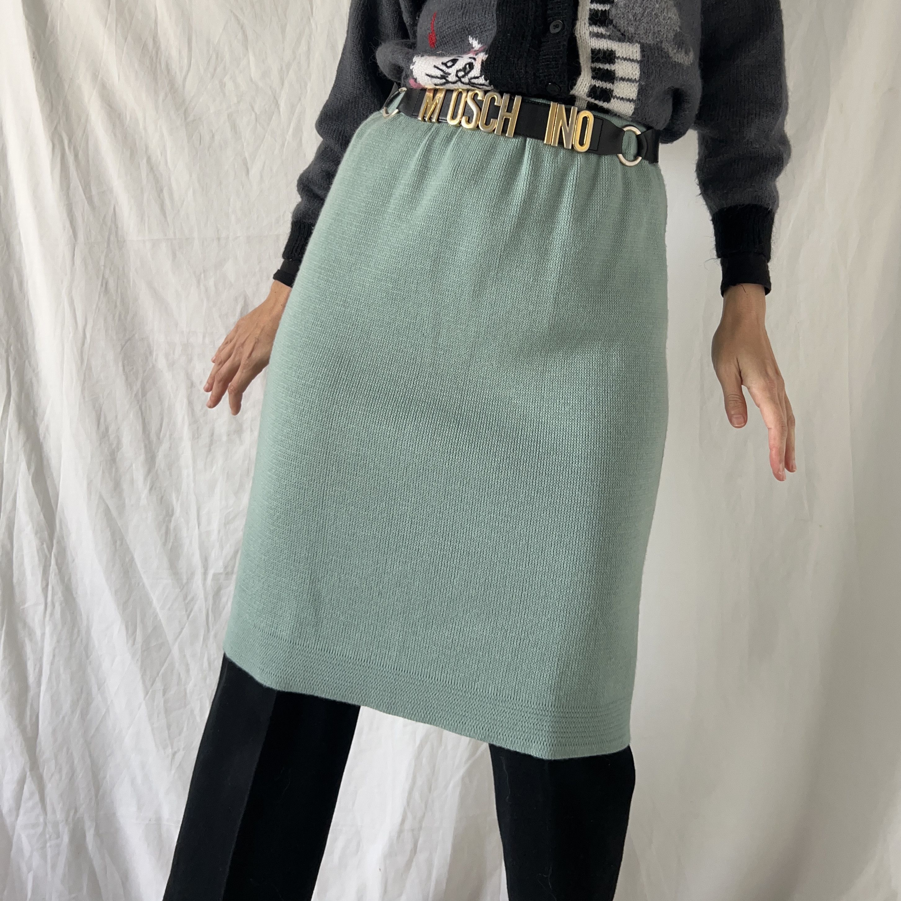 Vintage 90s knit green high waist elastic skirt