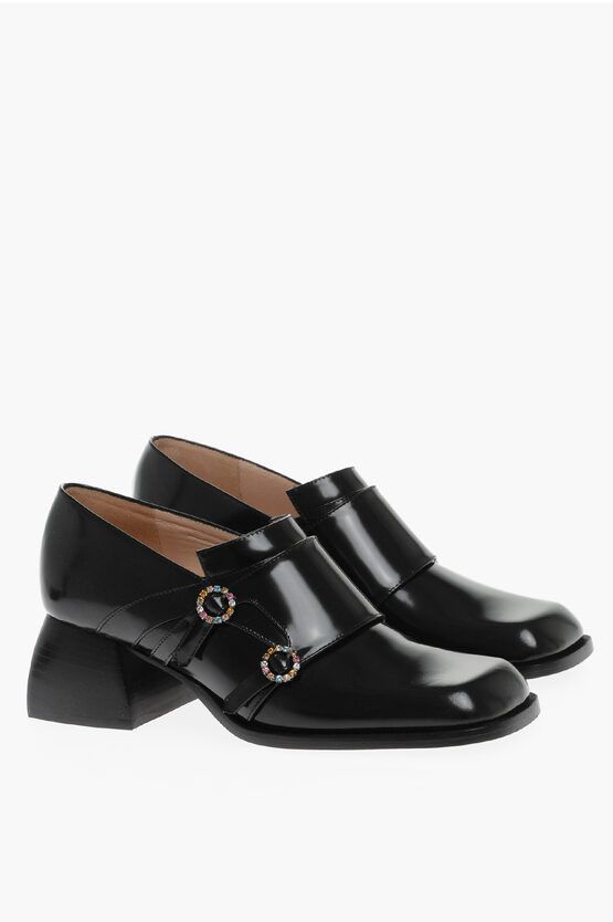 image of Nodaleto Squared Heel Shoes Leather Pumps With Jewelry Buckles 5 Cm in Black, Women's (Size 11)