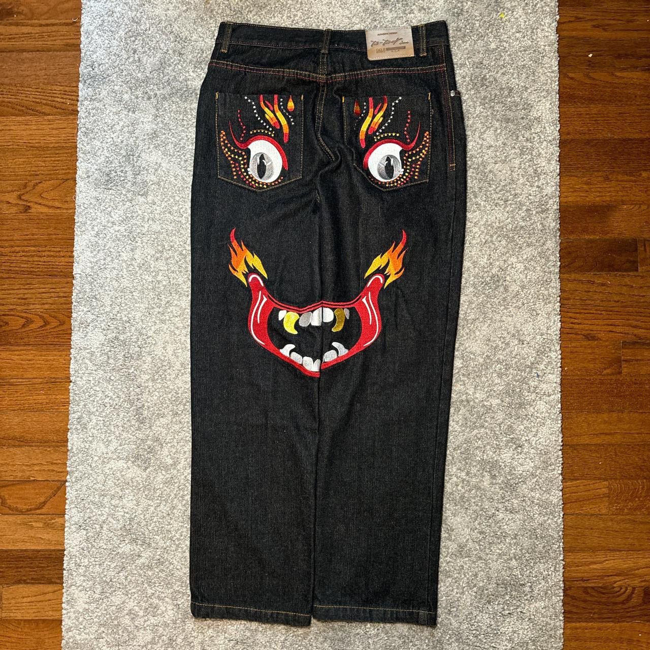 image of If Six Was Nine x Naked Famous Japanese B-Boy Embroidered Graphic Y2K Jeans in Black/Red (Size 30)