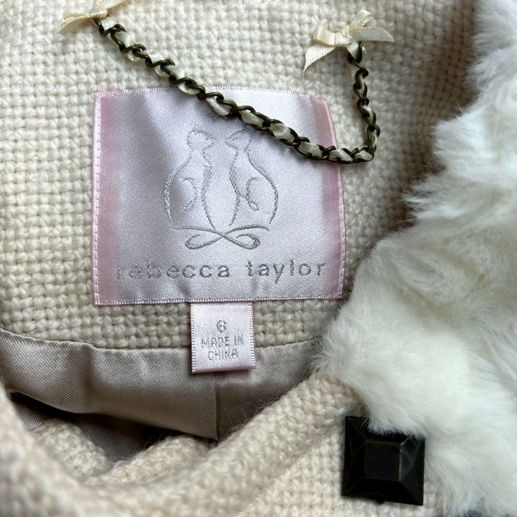 Rebecca Taylor Rebecca Taylor Womens Cream Wool Fur Collar Embellished Tweed Coat Jacket Size 6 Size M / US 6-8 / IT 42-44 - 3 Thumbnail