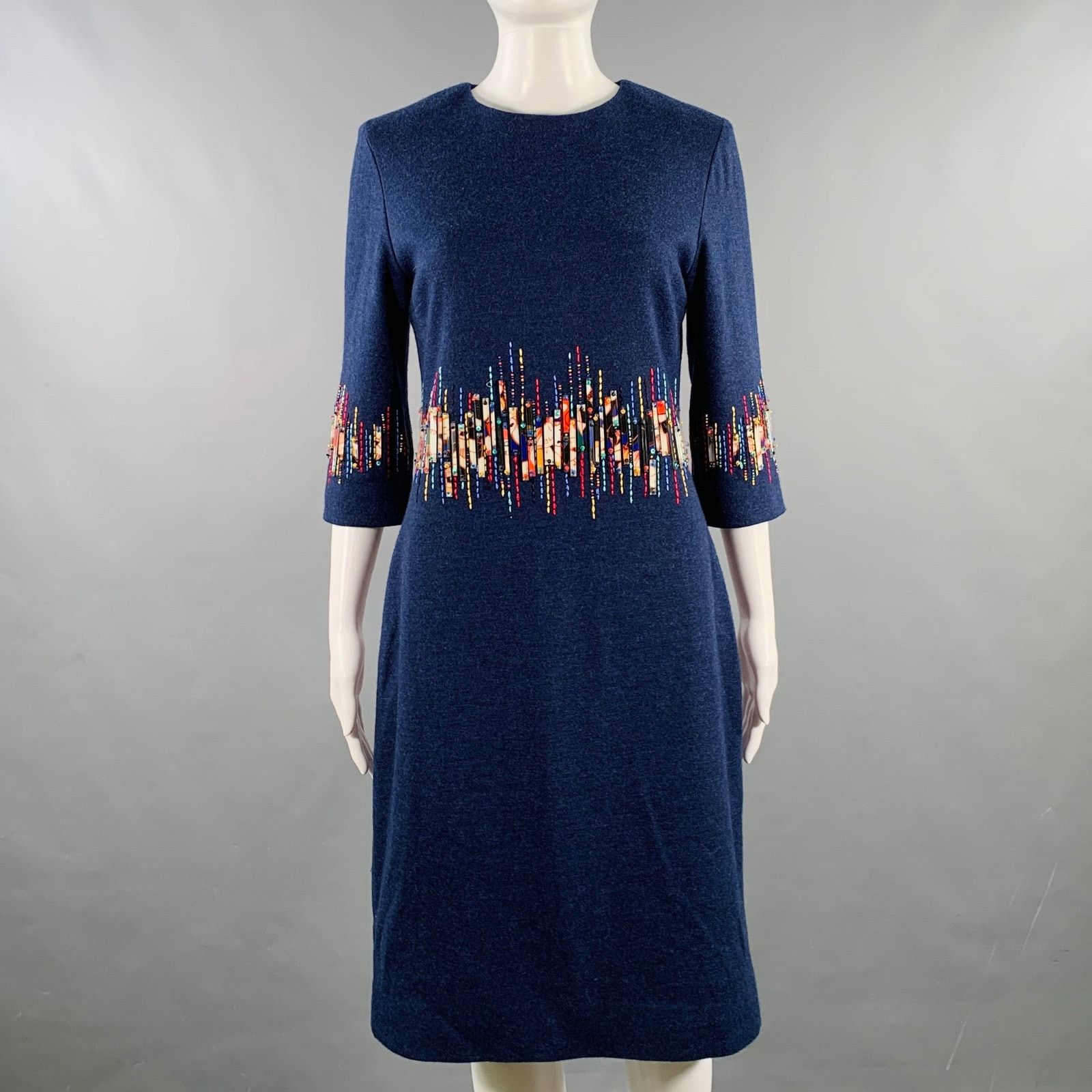 Carolina Herrera Size 6 Blue Multi Color Wool Beaded Back Zip Dress Size M / US 6-8 / IT 42-44 - 1 Thumbnail