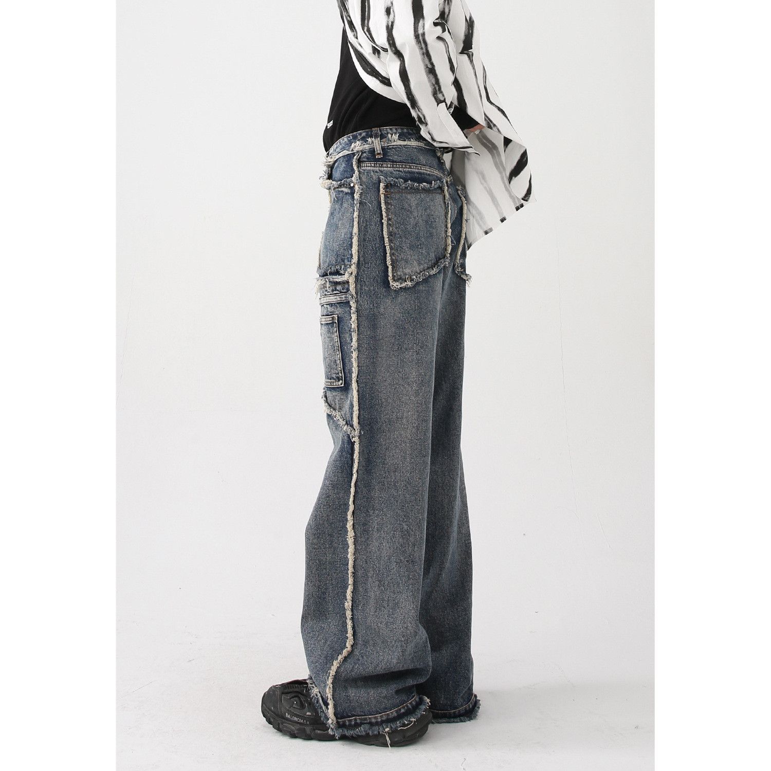 Japanese Brand × Jean Retro straight leg patchwork fringed jeans Size US 32 / EU 48 - 3 Thumbnail