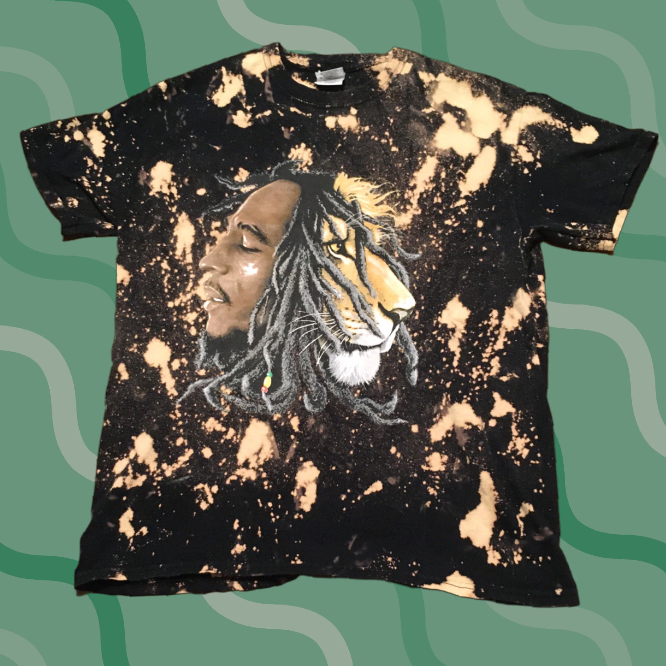 Gildan Bob Marley Mens Lion All Over Print T Shirt Black Size M Reggae Tee Tie Dye Short Sleeve Crew Neck Graphic Tee Pattern Animal Print Mens Reggae Size US M / EU 48-50 / 2 - 1 Thumbnail