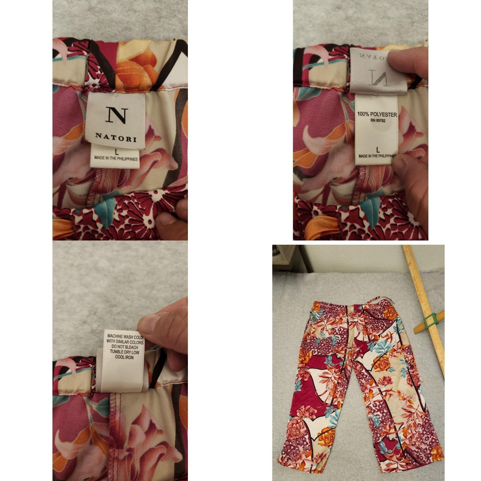 Vintage Natori Pajama Pants Womens Large Burgundy Floral Satin Drawstring Lounge Capri Size 36" / US 14 / IT 50 - 8 Thumbnail
