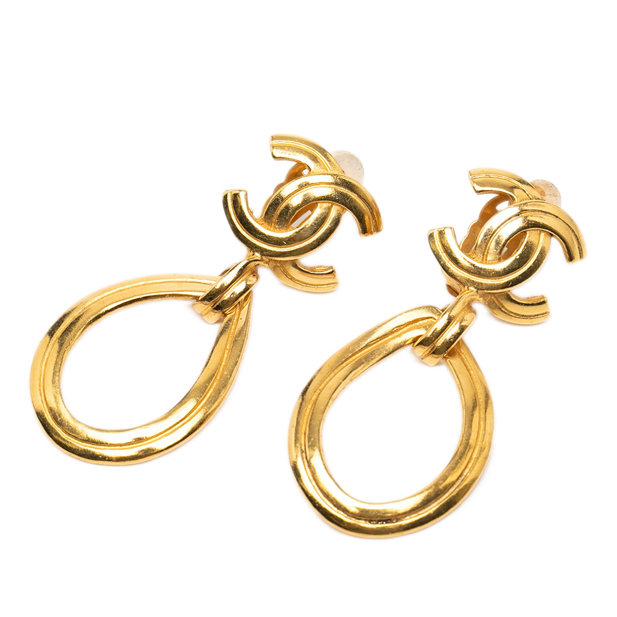 Chanel Chanel CC Gold Plated Teardrop Dangle Hoop Clip On Earrings Size ONE SIZE - 1 Thumbnail