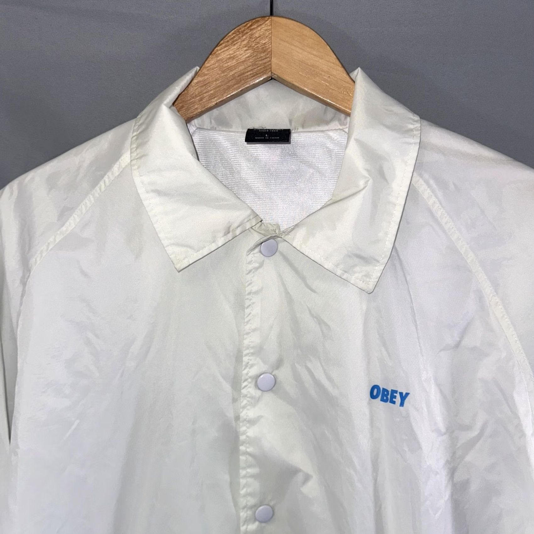 Obey OBEY Jacket Mens L White Windbreaker Snap Front Back Logo Nylon Lined Coach Jacket Size US L / EU 52-54 / 3 - 5 Thumbnail