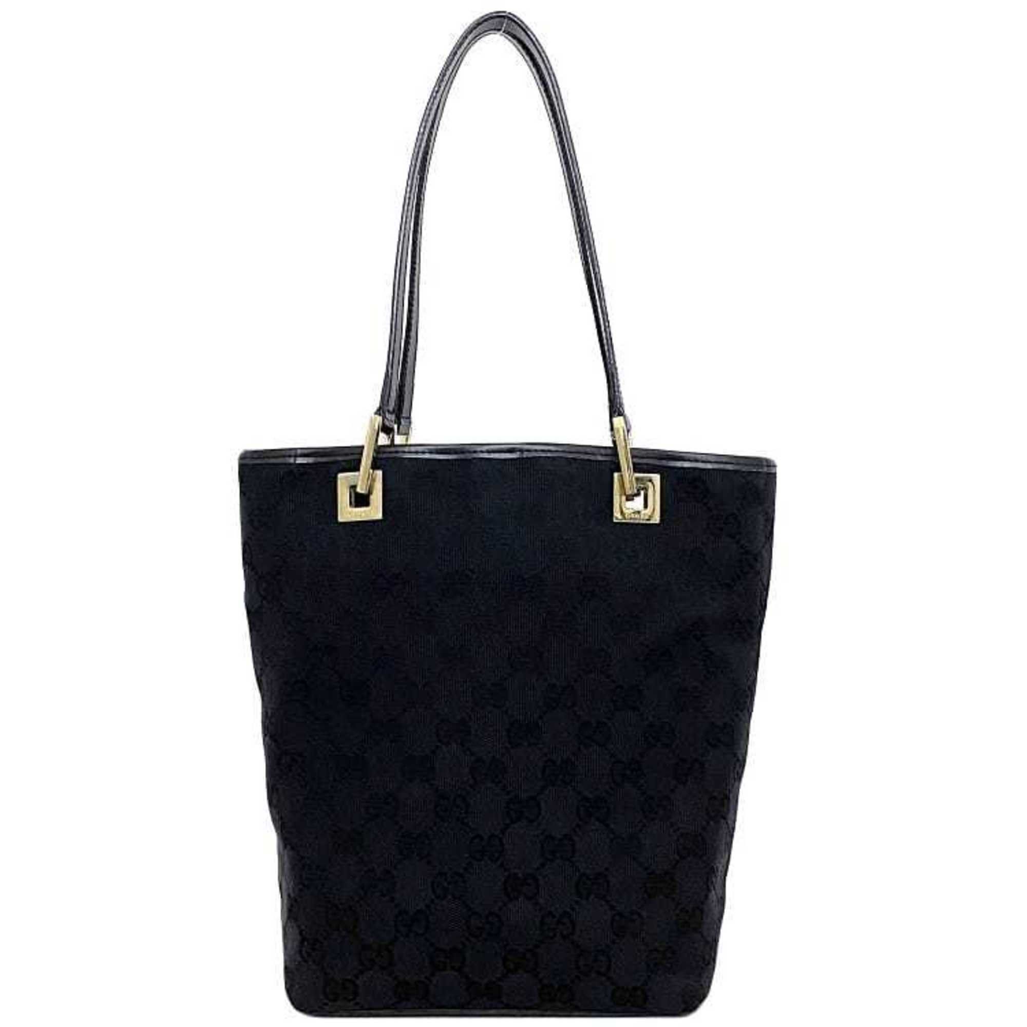 image of Gucci Tote Bag Black Gold GG 002-1099 Bucket Canvas Leather Gucci Handbag Ladies, Women's