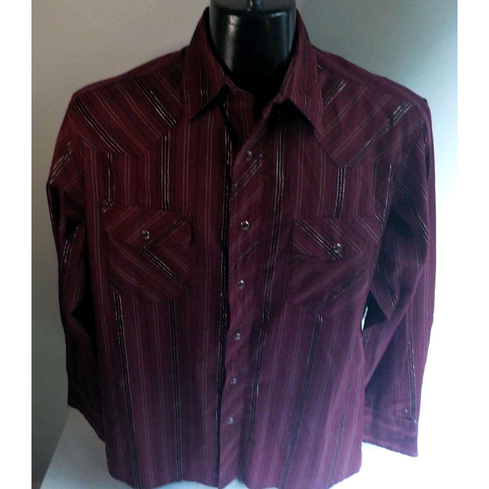 Wrangler WRANGLER Western Fashion Snap Shirts Striped Burgundy/Black/Silver Metallic Cotton Blend Size L Mens Size US L / EU 52-54 / 3 - 2 Thumbnail