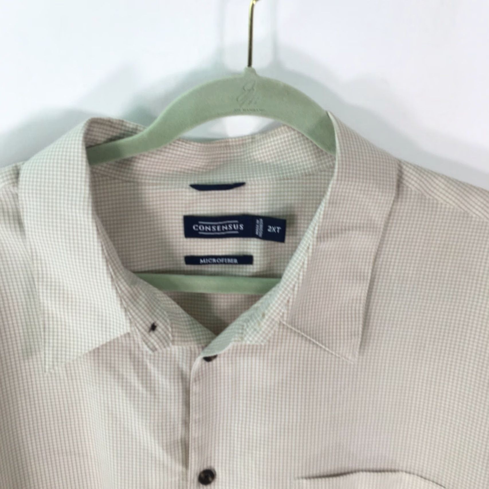 Vintage Consensus Mens Button-Up Shirt 2XT Beige Short Sleeve Microfiber Plaid Black 52in Chest Classic Casual Shirt Mens 2XT Beige Microfiber Button-Up Size US 39 - 3 Thumbnail