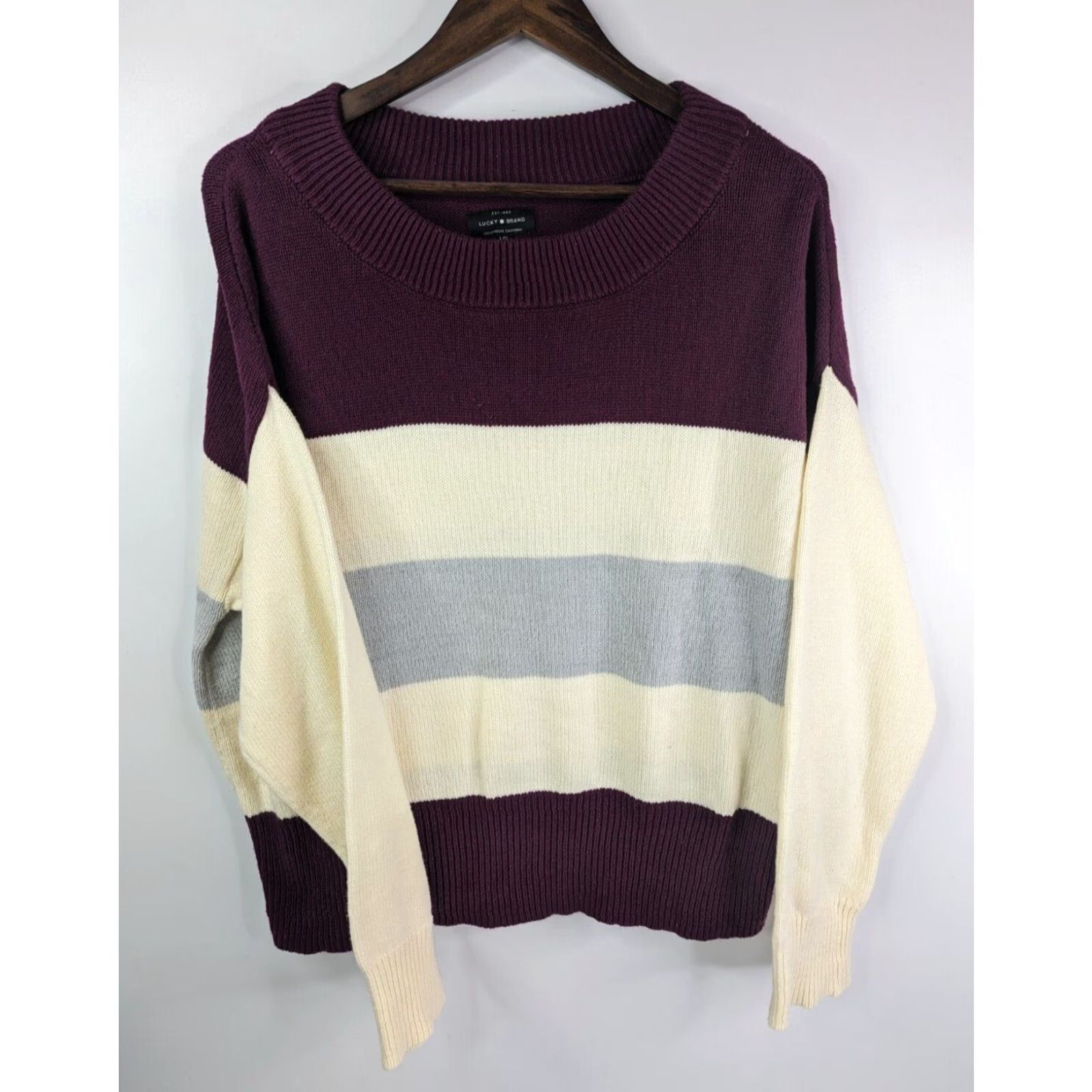 Lucky Brand Lucky Brand Womens Sweater Striped Color Block Multicolor Long Sleeve Pullover Round Neck L Color Beige Maroon 100% Cotton Blend Relaxed Knit Size L / US 10 / IT 46 - 2 Thumbnail