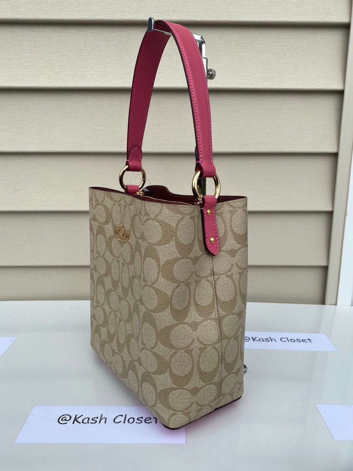 Coach Bucket Bag Signature Town Small Purse Khaki/Pink