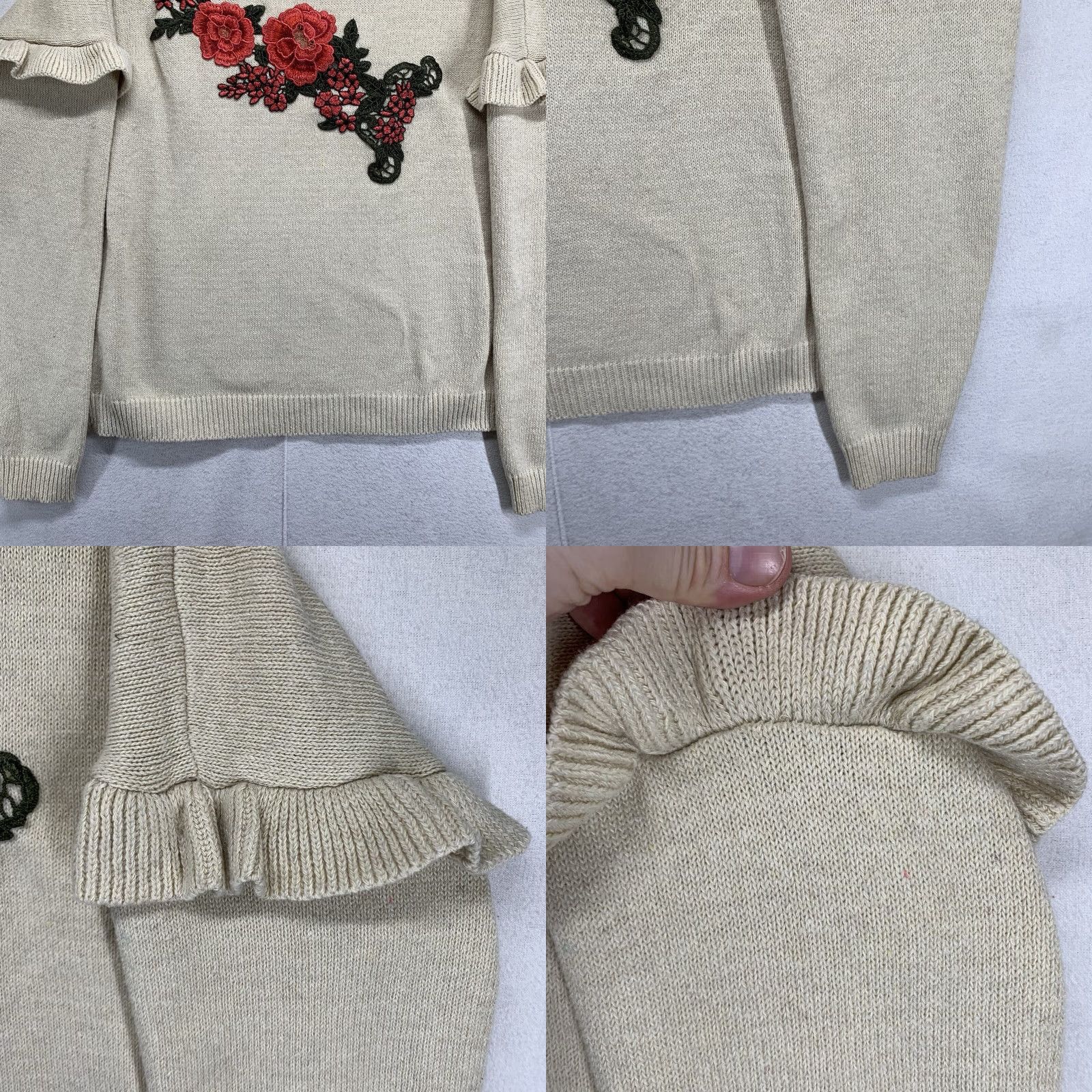 Vintage Woven Heart Women's Sweater Large Floral Embroidered Ruffle Sleeve Cropped All Seasons Bohemian Size L / US 10 / IT 46 - 8 Thumbnail