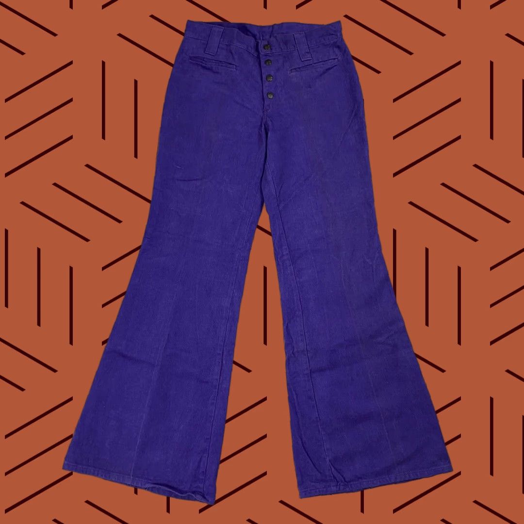 Bell Vintage 1970s H.I.S Womens Purple Flared Bell Bottom Disco Pants 30x32 Retro Hippy Clubwear Size 30" / US 8 / IT 44 - 1 Thumbnail