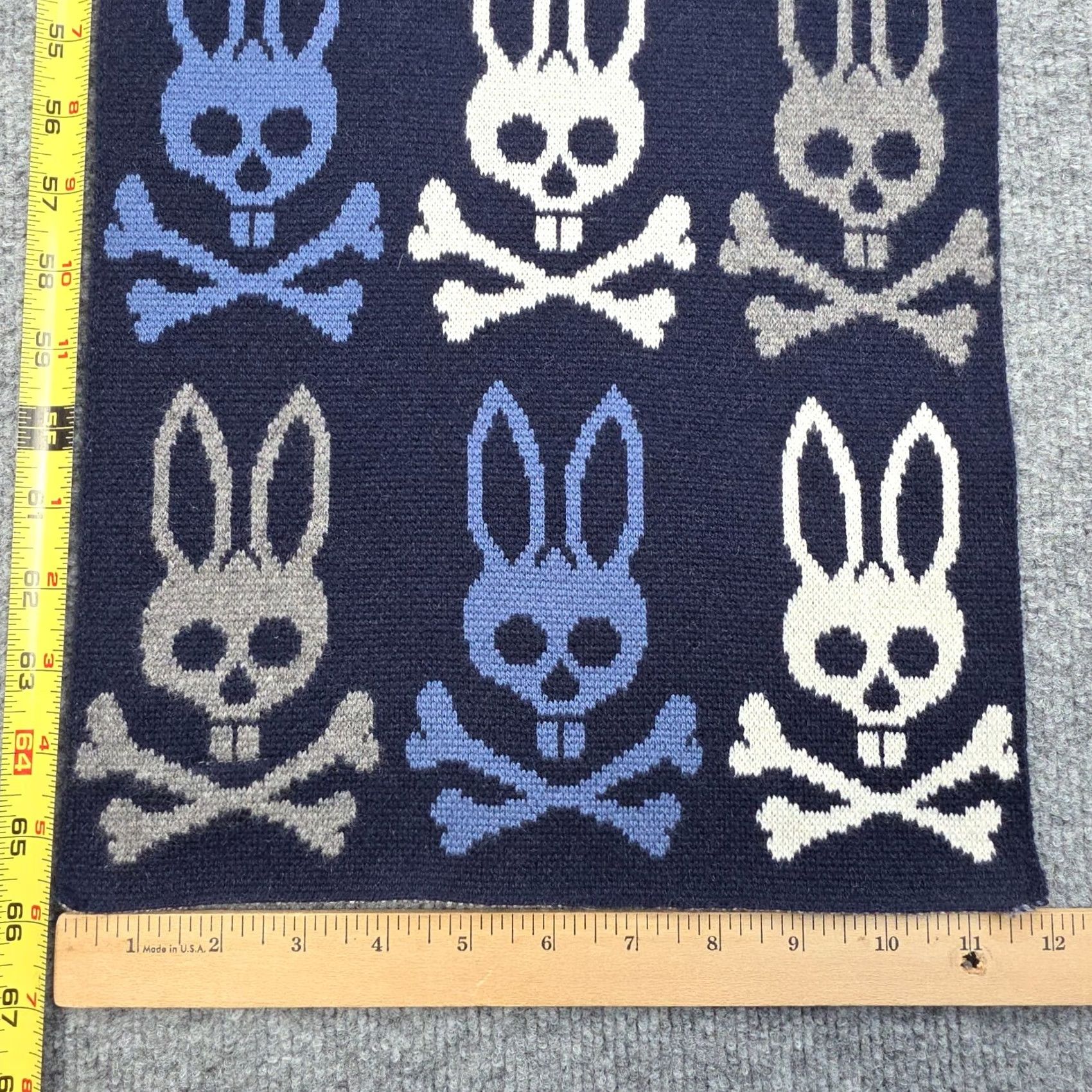 Psycho Bunny VINTAGE Psycho Bunny Scarf Men One Size Blue AOP 65" x 12" 100% Cashmere Wool Wool Blend Cashmere Scarf Neck Warmer Bunny Skull Crossbones Fun Theme Size ONE SIZE - 6 Thumbnail