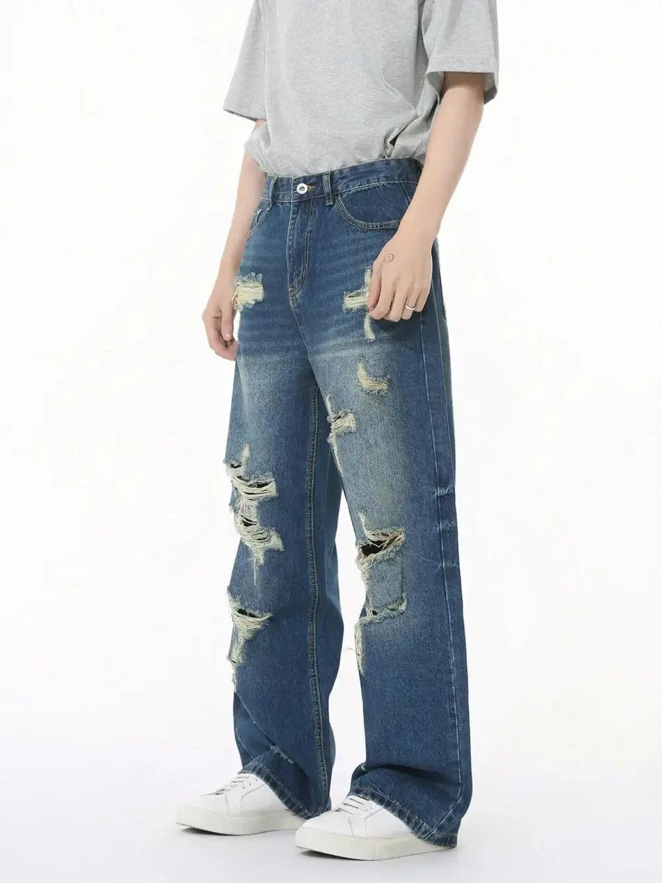Japanese Brand Retro wide leg loose ripped jeans Size US 32 / EU 48 - 2 Thumbnail