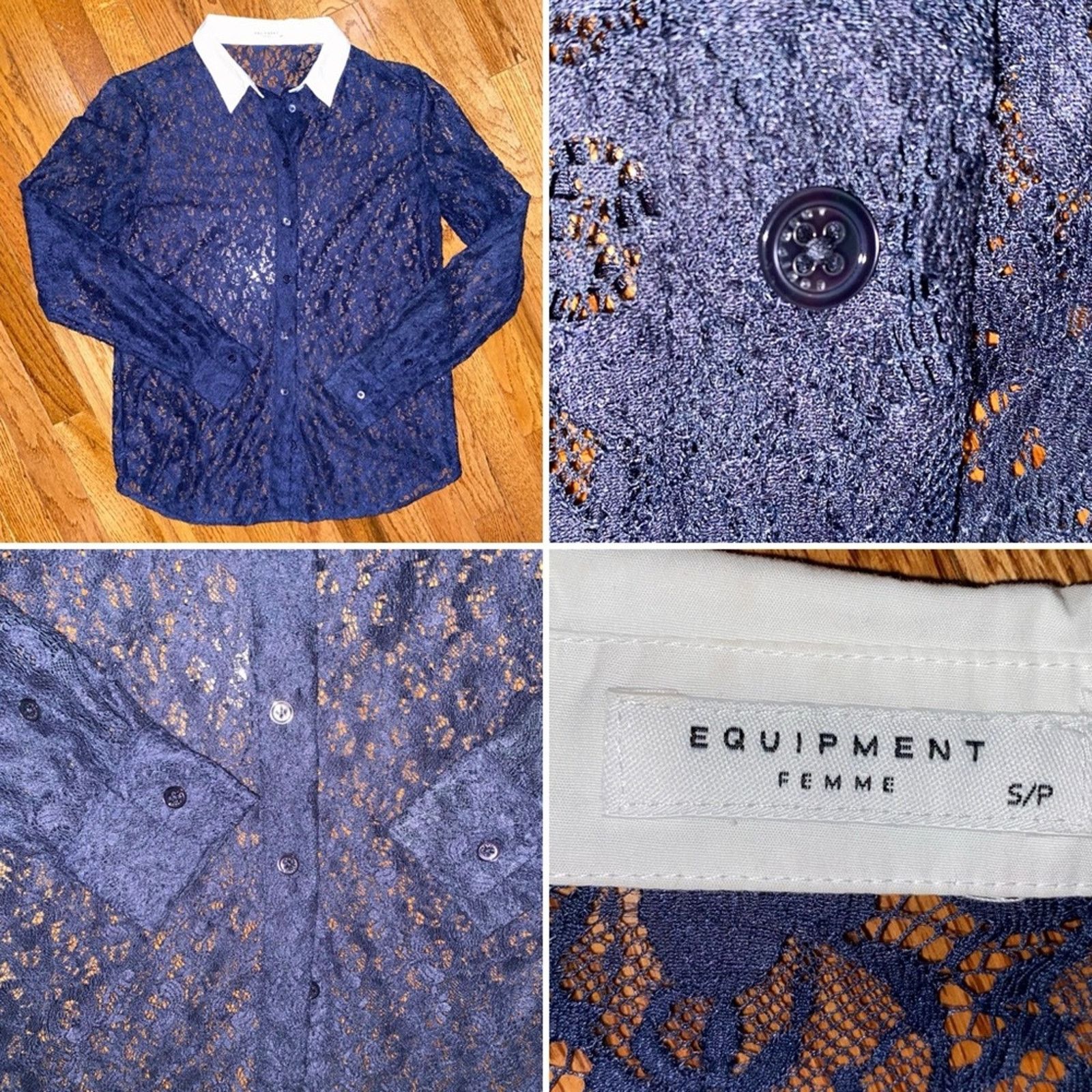 Equipment Equipment Femme $169 Navy Lace Contrast Collar Blouse S Size S / US 4 / IT 40 - 1 Thumbnail