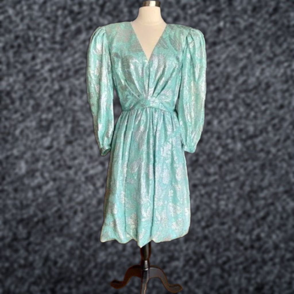 Vintage VINTAGE Diane Dickinson Cocktail Dress 12 Blue 1980s Silk Brocade Puff Sleeves Eveningwear Mens Womens Girls Size XL / US 12-14 / IT 48-50 - 1 Thumbnail