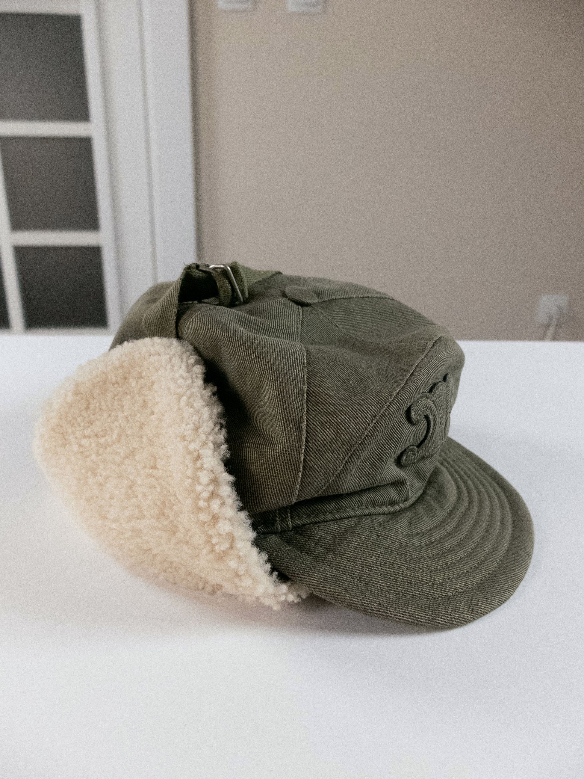 Celine CELINE Triomphe Chapka Shearling & green cotton ear flap hat Size ONE SIZE - 5 Thumbnail