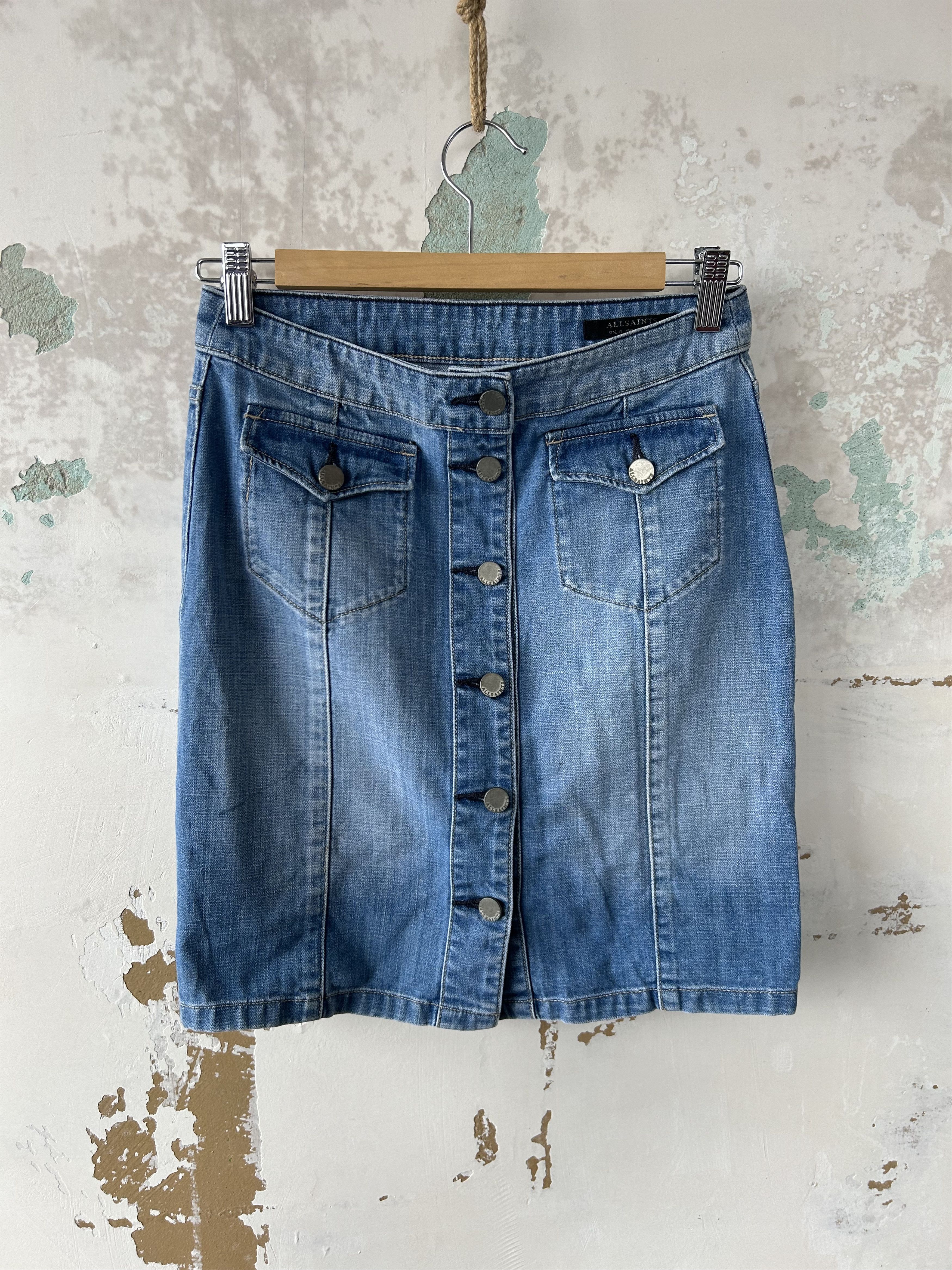 Allsaints × Japanese Brand × Vintage Y2K Vintage All saints Distressed Patchwork Denim Skirt Size 27" / US 4 / IT 40 - 1 Thumbnail