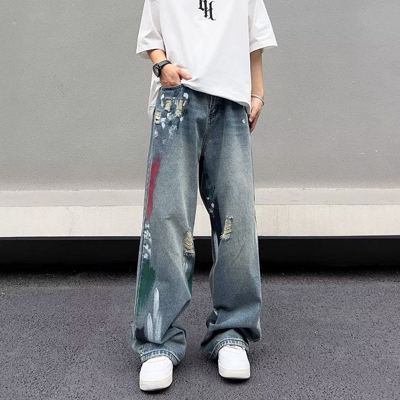 Japanese Brand Men's loose wide-leg straight American washed ripped jeans Size US 32 / EU 48 - 4 Thumbnail