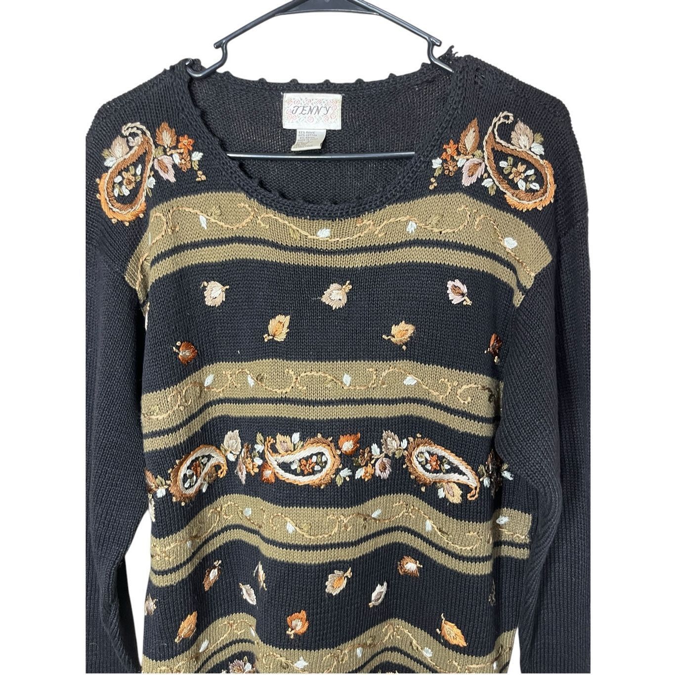 Other Vintage Jenny Black Gold Embroidered Paisley Leaf Sweater Si Size L / US 10 / IT 46 - 2 Thumbnail