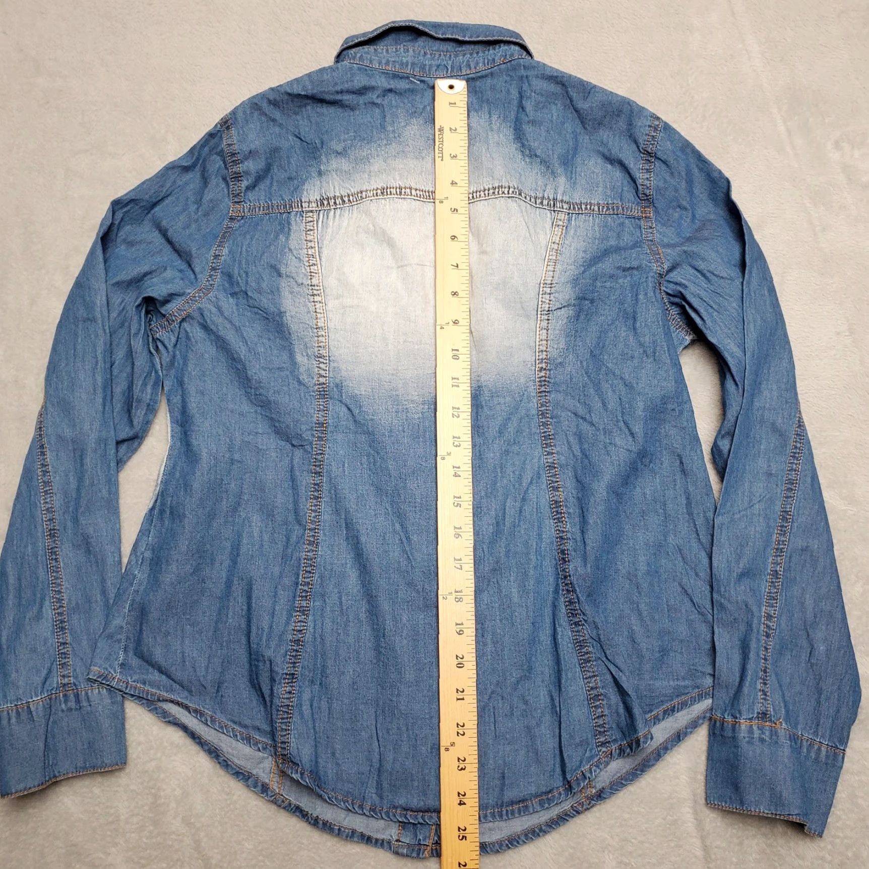 Denime VINTAGE Denim Acid Wash Shirt Women XL Blue 100% Cotton Long Sleeve Pearl Snap Size XL / US 12-14 / IT 48-50 - 7 Thumbnail