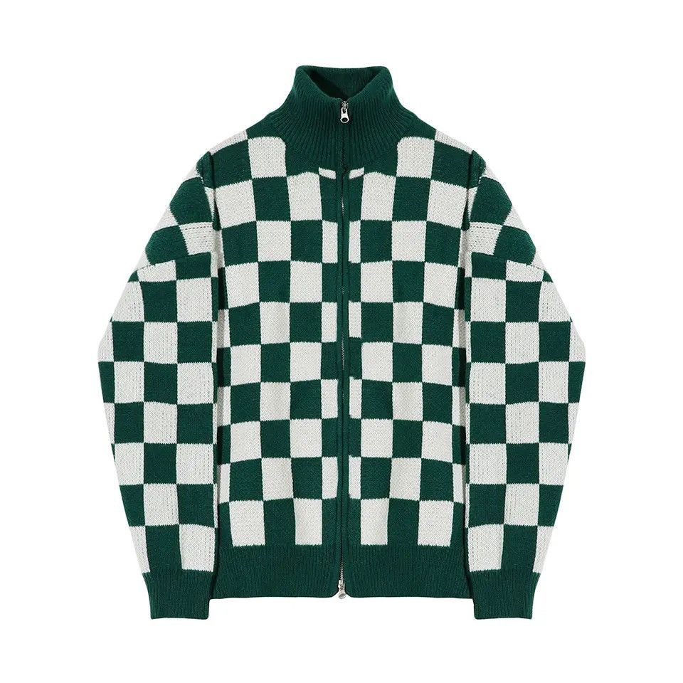 Japanese Brand × Vintage Korean fashion green checkered plaid knit jacket cardigan Size US XL / EU 56 / 4 - 2 Thumbnail