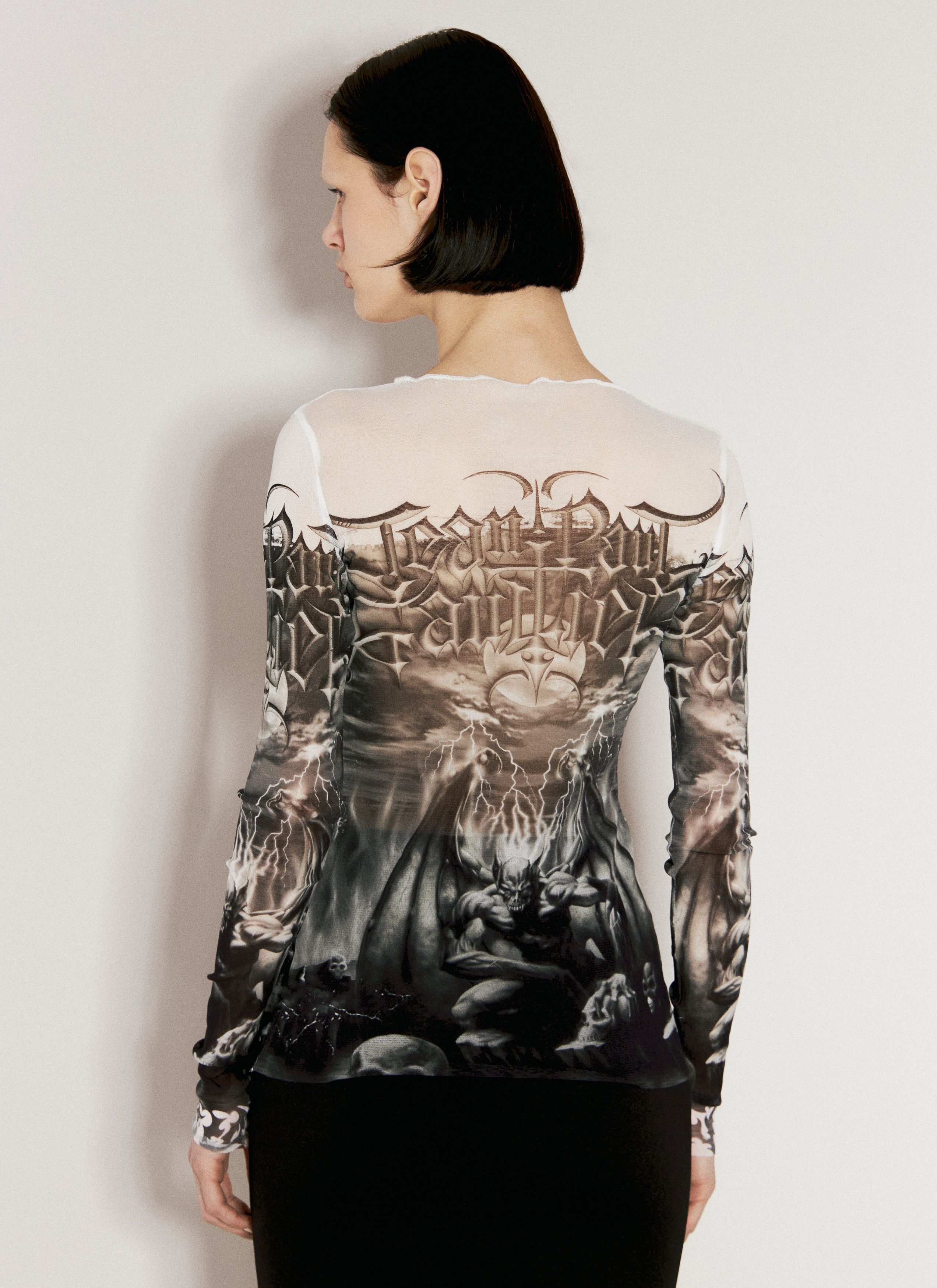 Jean Paul Gaultier o1tko10526 L/S Diablo-printed Mesh Top in Black/White Size S / US 4 / IT 40 - 6 Thumbnail