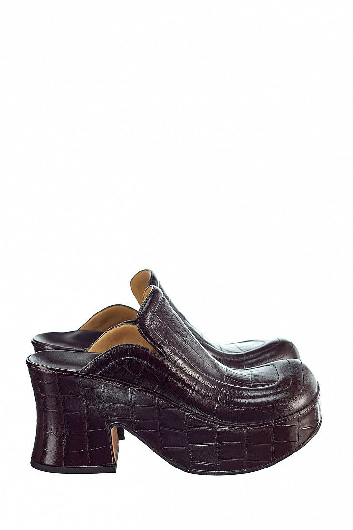 image of Bottega Veneta O1Mle0424 Wedge 85 Mock Croc Leather Clogs In Brown Shoes, Women's