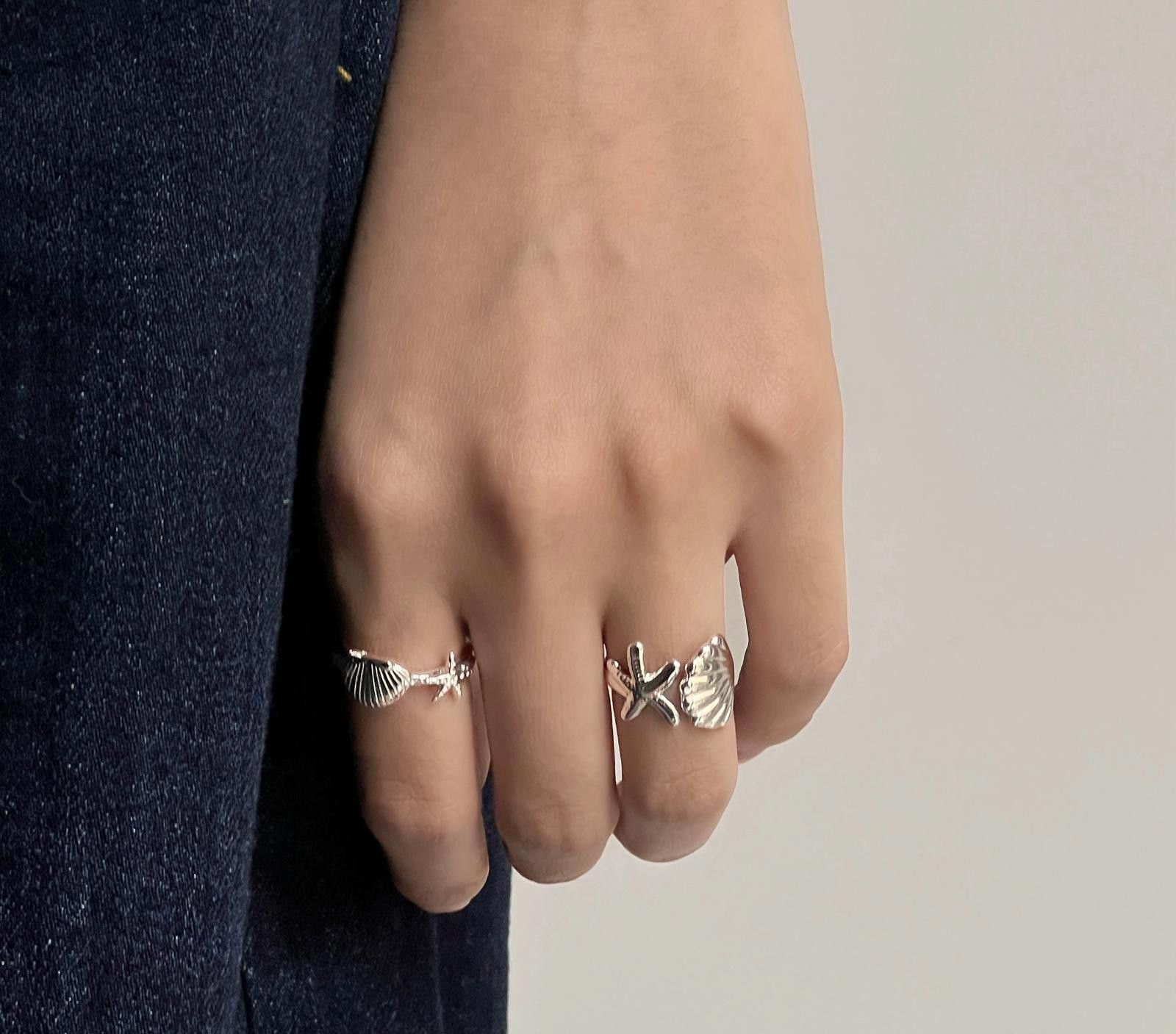 Jewelry Silver Shell and Starfish Open Band Rings, Adjustable Size ONE SIZE - 5 Thumbnail