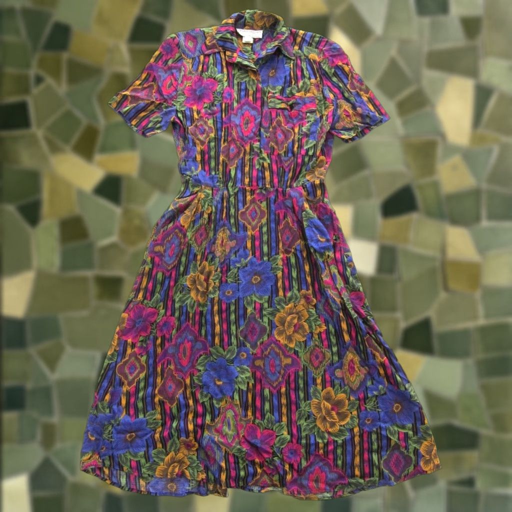Pinko VINTAGE Tareti Howard Levi Rayon Pink Blue Floral Pocket Button Collared Shirt Dress 4P Size S / US 4 / IT 40 - 1 Thumbnail