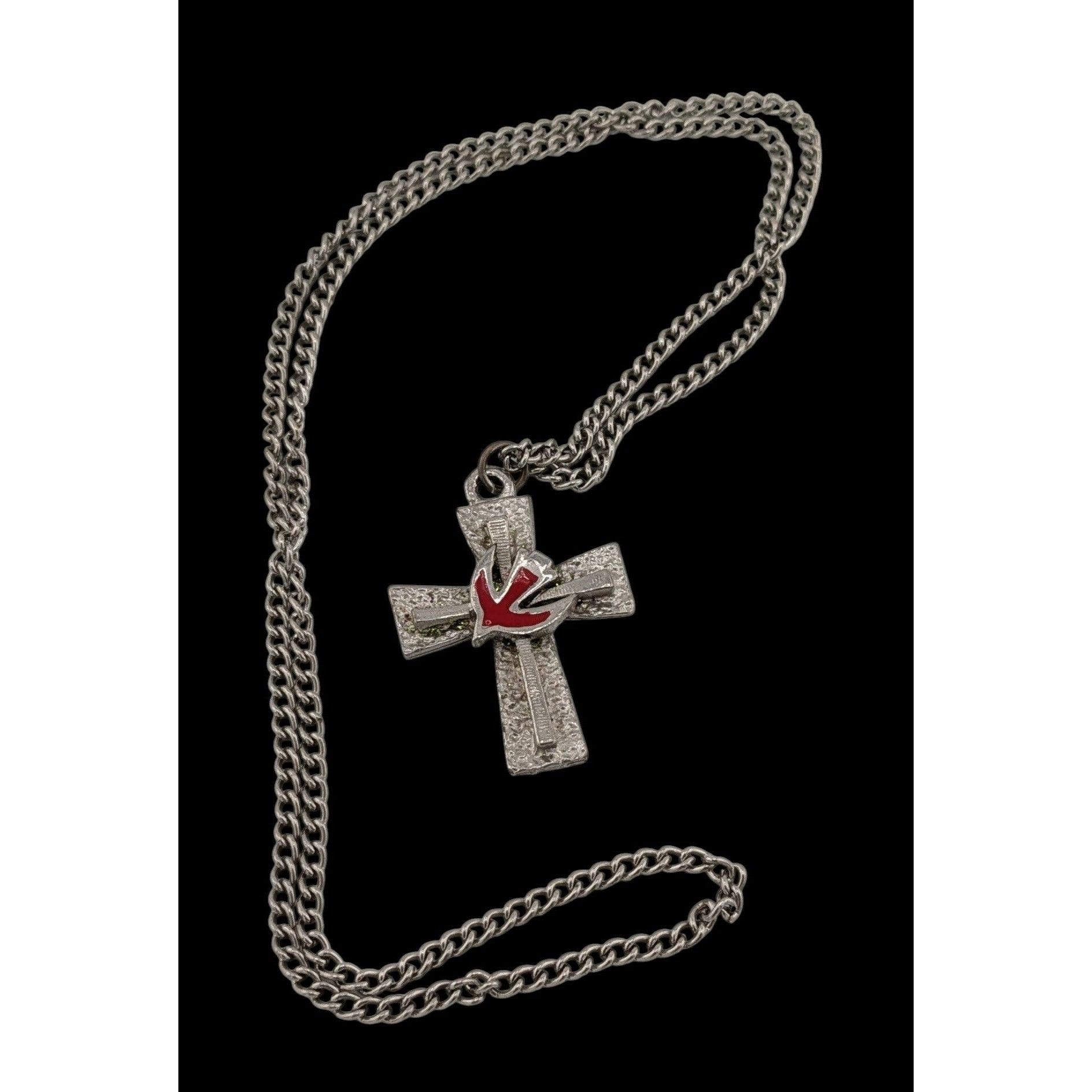 Other Vintage Cross Necklace Silver Tone With Red Enamel Dove Size ONE SIZE - 1 Thumbnail