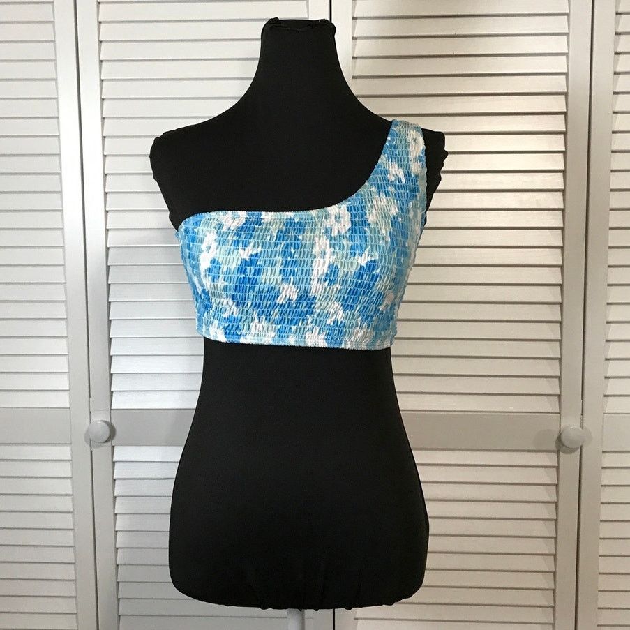 Other Y2K Blue White Tie Dye Smocked One Shoulder Bikini Top L Size L / US 10 / IT 46 - 1 Thumbnail