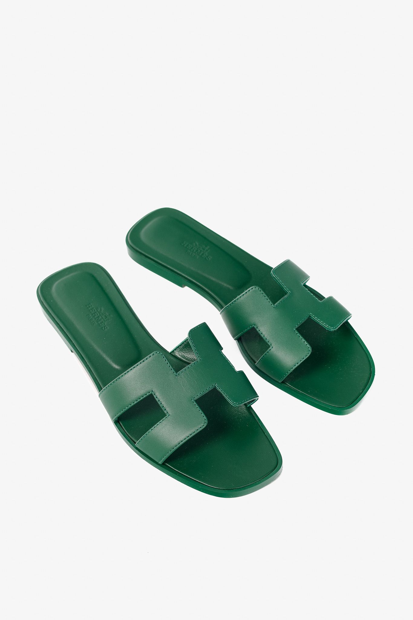Hermes Hermes Oran Vert Electrique Calfskin H-Strap Sandals Size US 7.5 / IT 37.5 - 1 Thumbnail