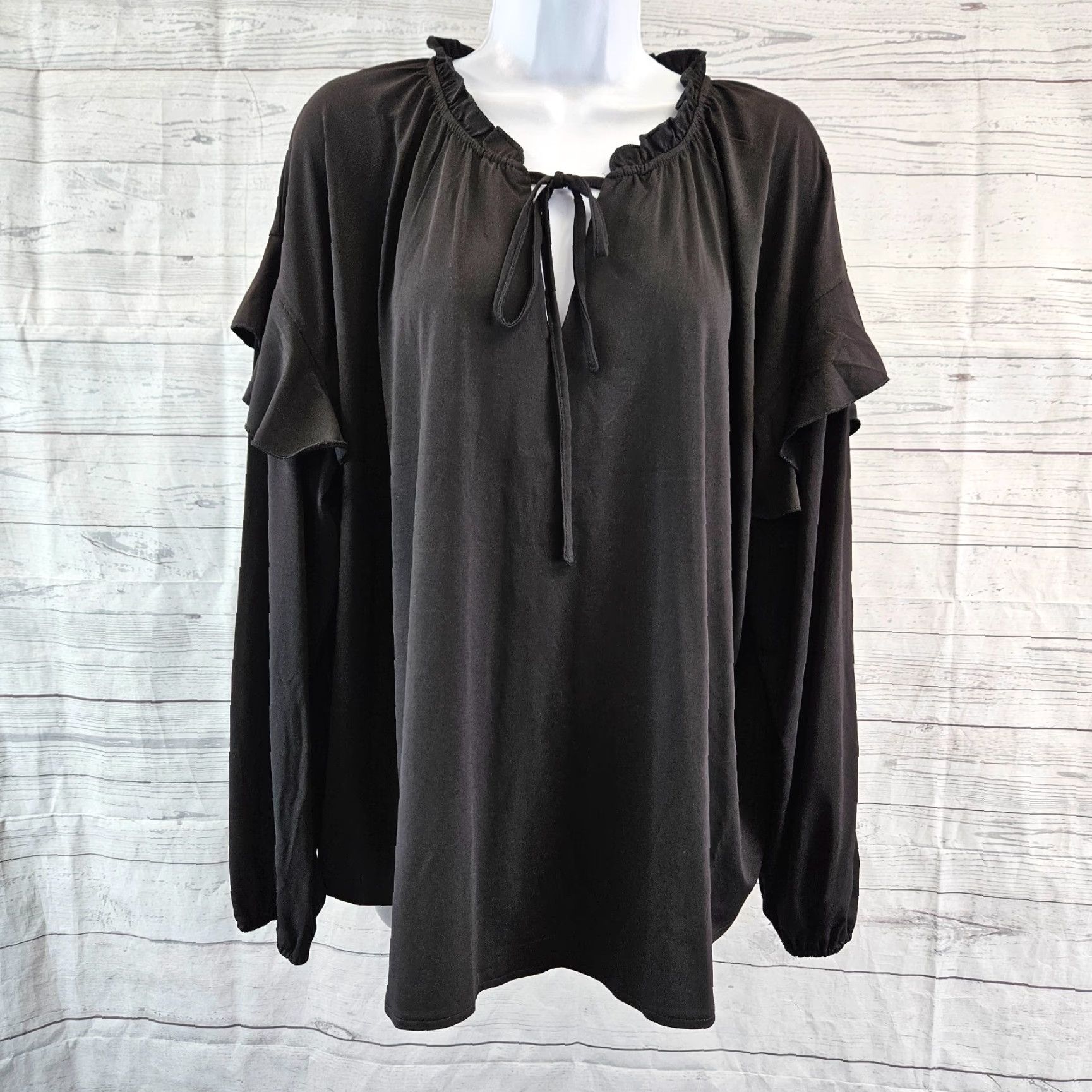 Elizabeth and James VINTAGE Textile Elizabeth and James Womens Top XL Solid Black Long Sleeve Ruffle Shirt Size XL / US 12-14 / IT 48-50 - 2 Thumbnail